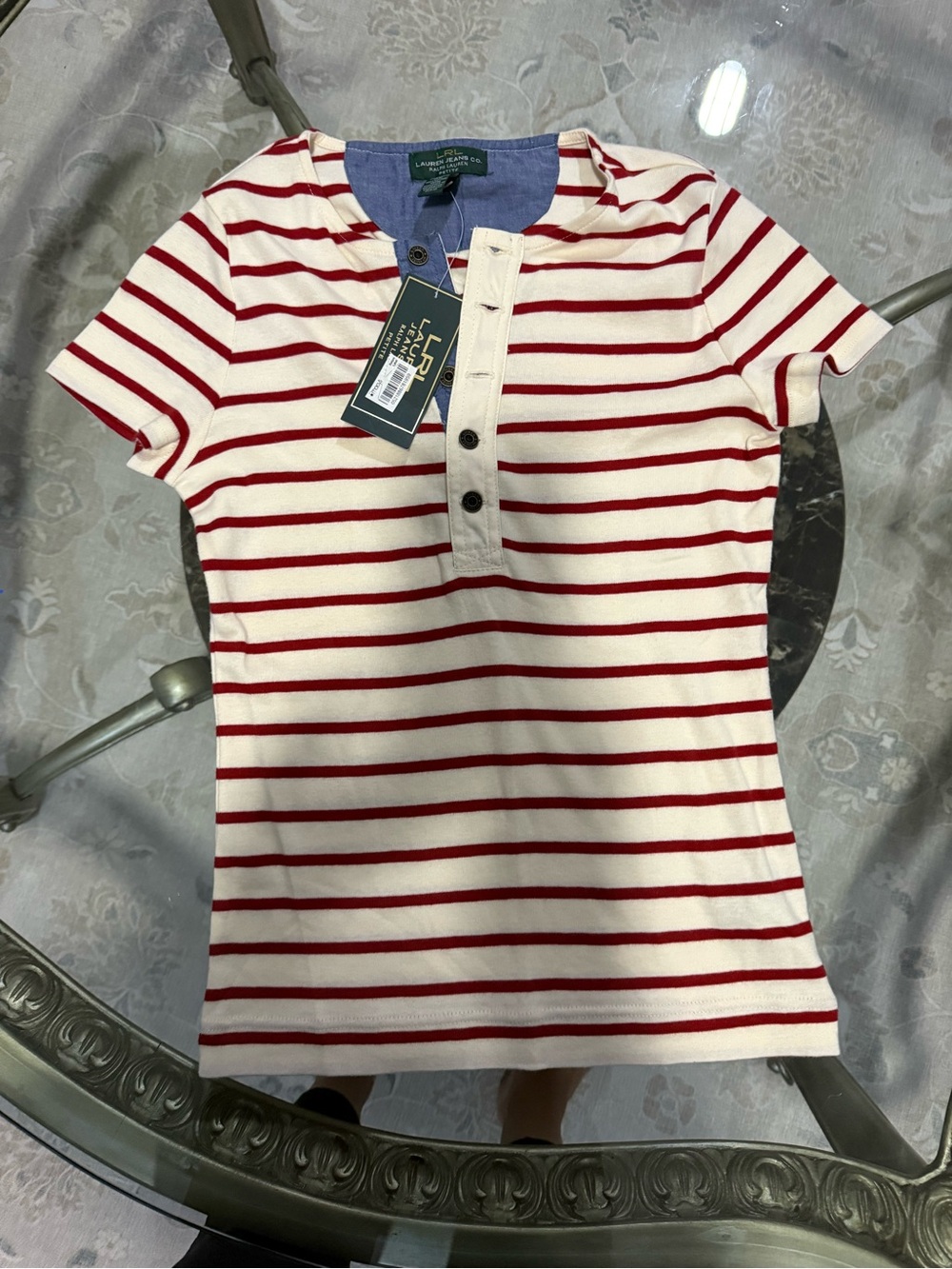 Lauren Ralph Lauren Cream & Red Striped Henley Tee